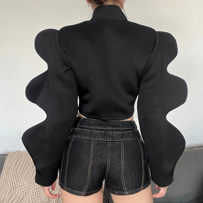 Streetwear Turtleneck Shirts For Long Sleeve Buttons Crop Tops Baggy Black Y2K Design Shirt Female