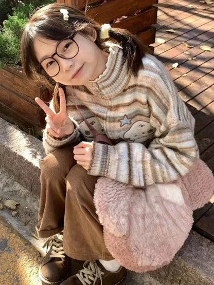 Y2k Aesthetic Japanese Knit Cardigan Kawaii Dog Embroidery Harajuku  Femme Striped Preppy Zipper y Womens