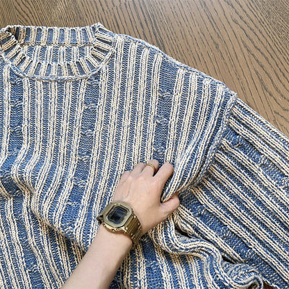 Voguable  Fashionable Striped Knitting Sweaters Streetwear Y2K Loose O Neck Long Sleeve Knit T-shirts Vintage Sweater Tops
