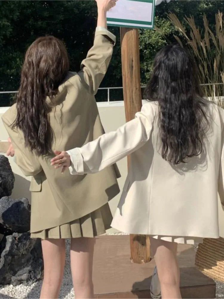 Korean Fashion Solid Two-piece Skirt Set Women Single Breasted Blazer Coat + Pleated Mini Skirt Autumn Office Lady Casual Suits