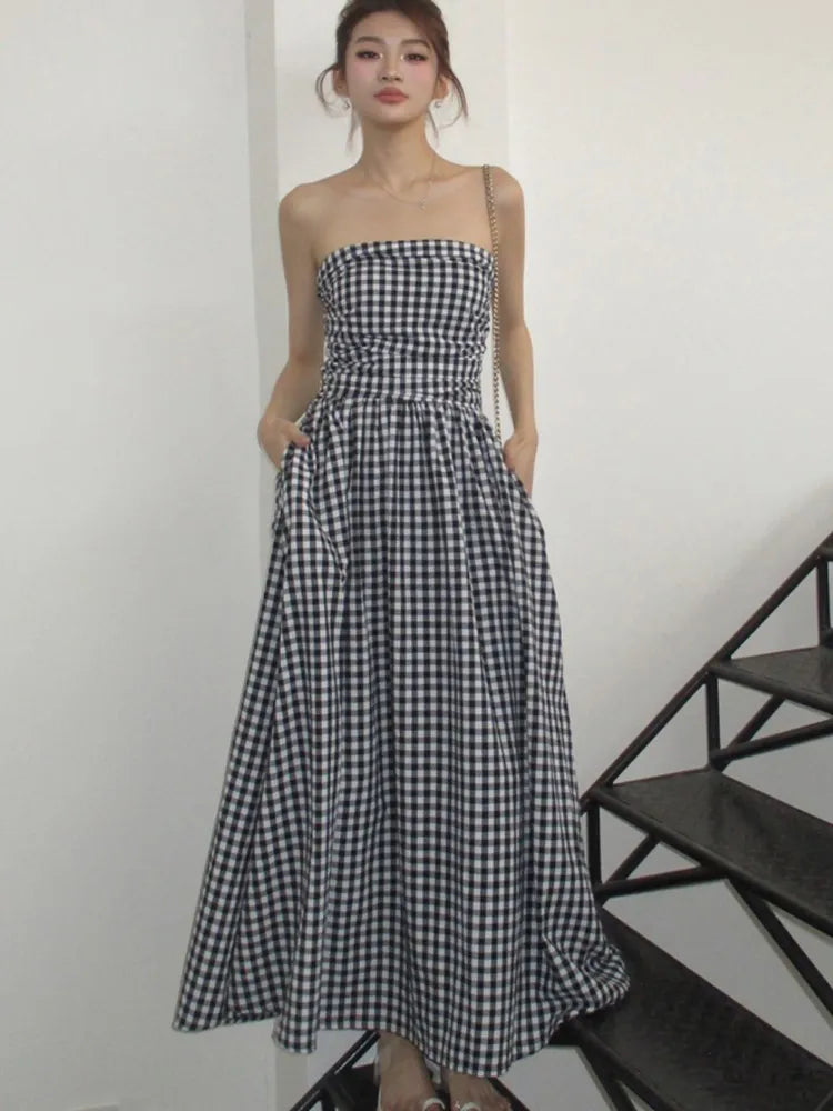 Casual Strapless Midi Dresses for Women Striped Sleeveless A-line Korean Chic Summer New  Party Dress Vestidos Mujer