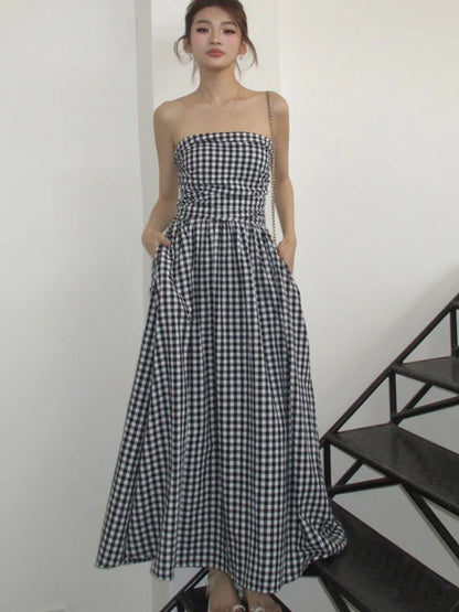 Casual Strapless Midi Dresses for Women Striped Sleeveless A-line Korean Chic Summer New  Party Dress Vestidos Mujer