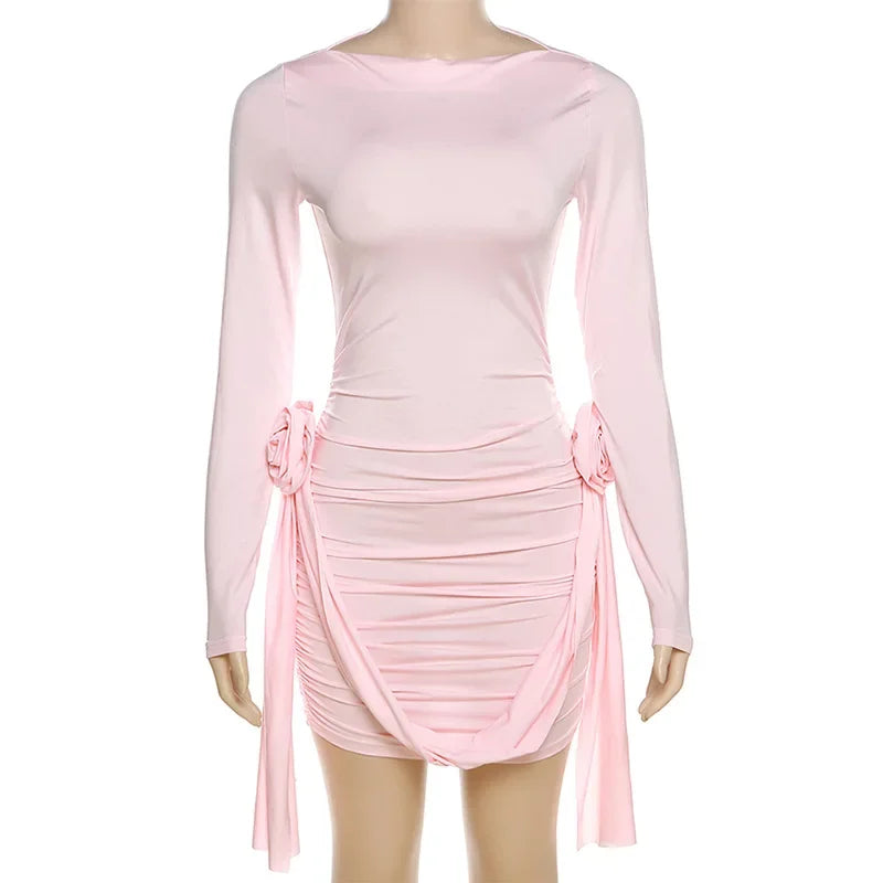 Ora Ruched Long Sleeve Dress with Floral Design