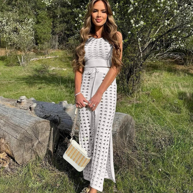 Slim Hollow Out Skirt Suit Knitted For Women Sleeveless Strapless Top Summer New High Waisted Lace Up Split Long Skirt