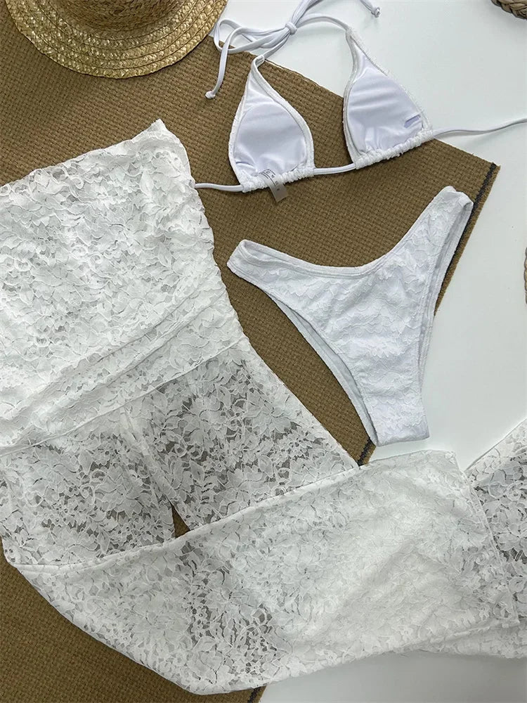 Summer Ladies 3 Piece-Set Trousers Swimwear Sexy V-Neck See-Through Backless Top And Printed Women’s Pants Outfits