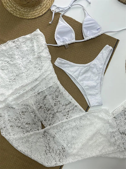 Summer Ladies 3 Piece-Set Trousers Swimwear Sexy V-Neck See-Through Backless Top And Printed Women’s Pants Outfits
