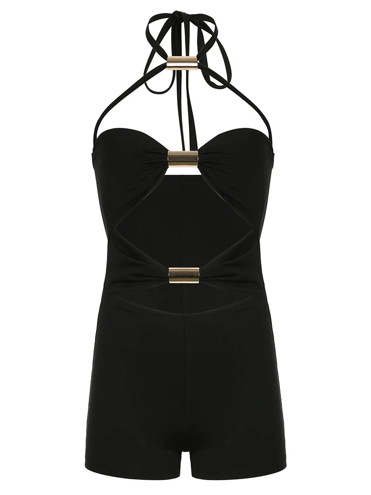 Hollow Out Skinny Sexy Tie Halter Rompers Womens Sleeveless Rave Summer Vacation Baddie Playsuits