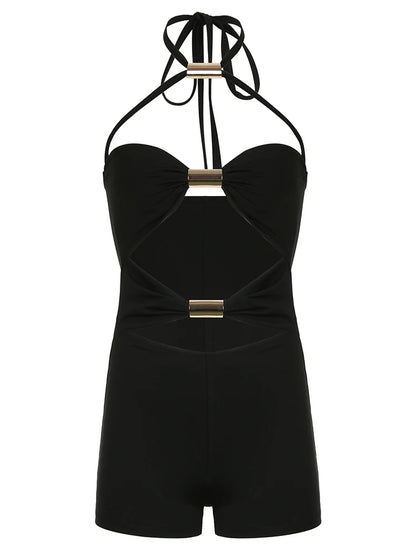Hollow Out Skinny Sexy Tie Halter Rompers Womens Sleeveless Rave Summer Vacation Baddie Playsuits