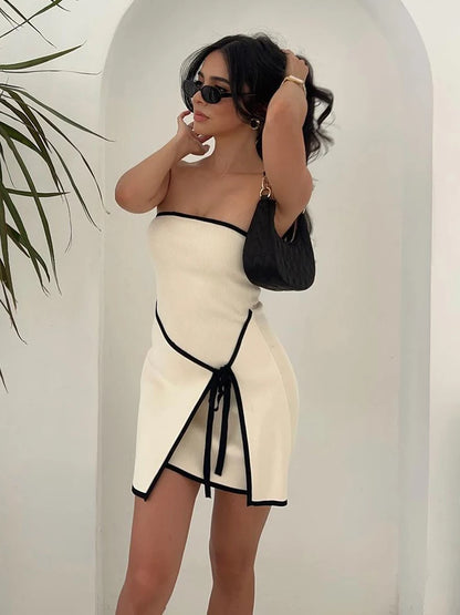 Fashion Slim Knitted Tube Top Dress Woman Contrast Color Splice Sleeveless Mini Dress Sexy Elegant Beach Holiday Dresses