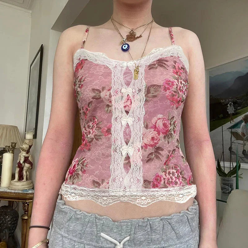 y2k Floral Cropped Top Vintage Lace Stitching Sleeveless Skinny Strap Tops Retro Camisole Streetwear Tees Aesthetic
