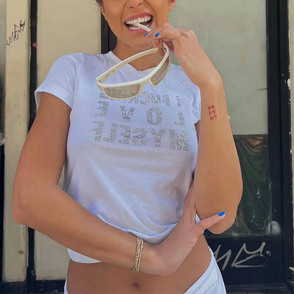 Summer European and American style short sleeved T-shirt with letter hot diamond top, t-shirt with slim fit inside for women