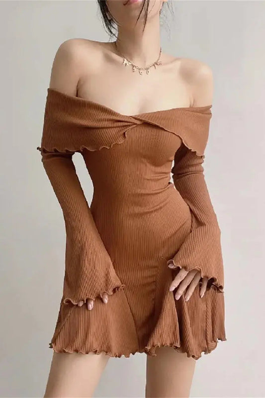Ruffled Patchwork Off-Shoulder Mini Dress