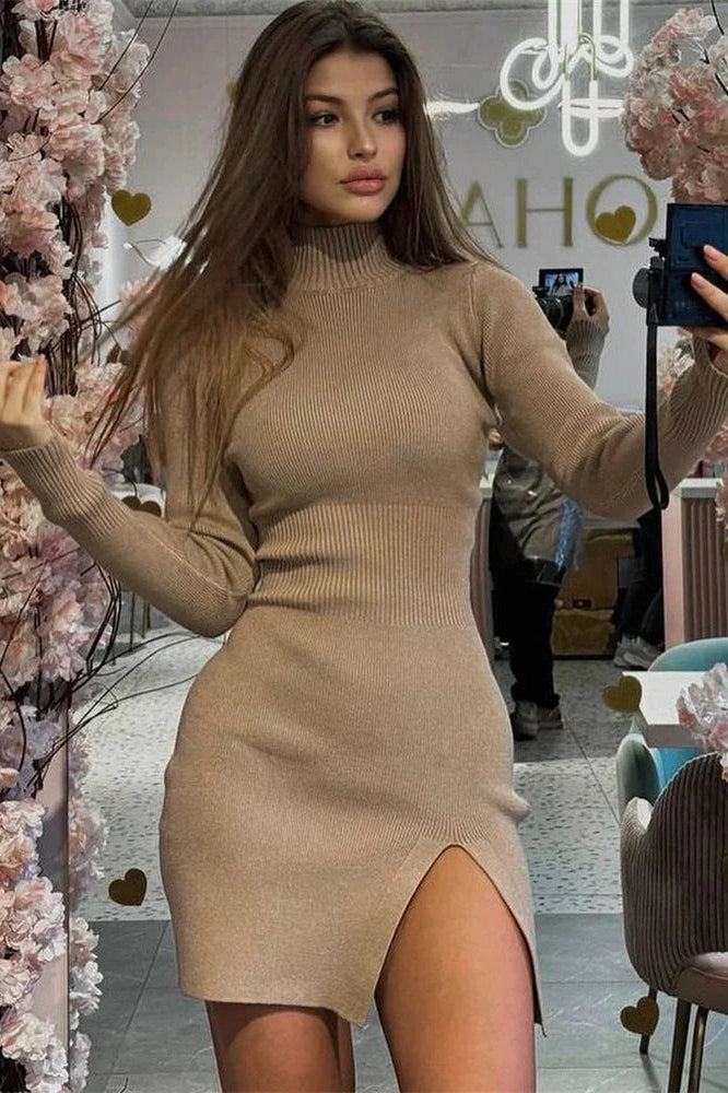 Patchwork High Waist Long Sleeve Mini Dress with Split