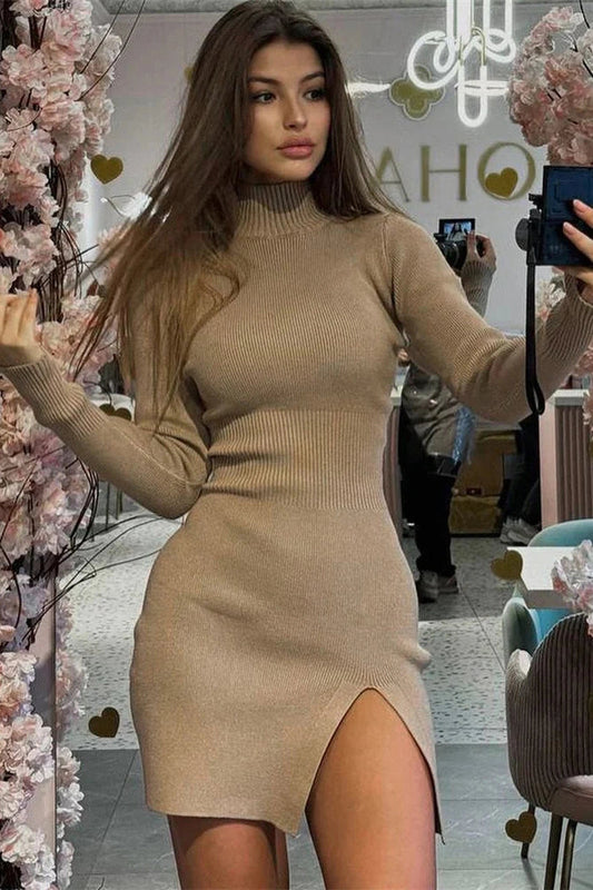Patchwork High Waist Long Sleeve Mini Dress with Split