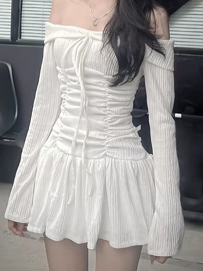 Korean Fashion Slash Neck Elegant Long Sleeve A Line White Dress Women Shirring Slim Waist Simple Sweet Japanese Clothing