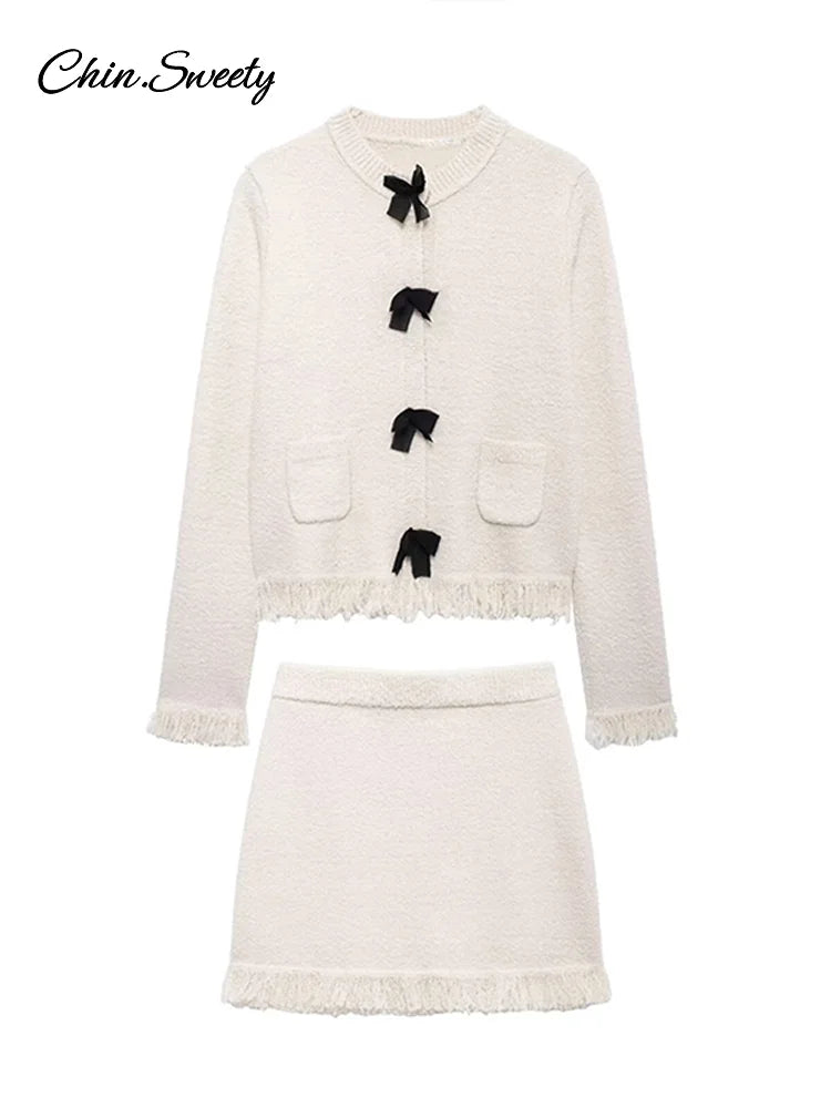 Fashion Tassel Knit Skirt Set Women Bow Buckle O-neck Long Sleeve Cardigan Sweater Mini Skirts Suit  New in Matching Outfit
