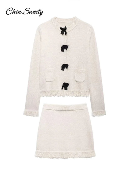 Fashion Tassel Knit Skirt Set Women Bow Buckle O-neck Long Sleeve Cardigan Sweater Mini Skirts Suit  New in Matching Outfit