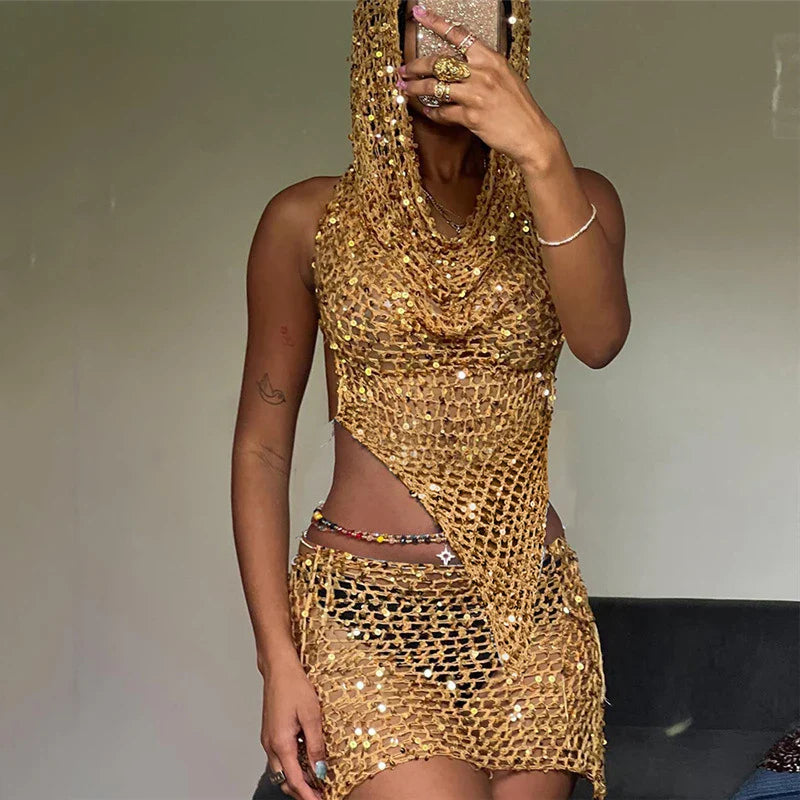Hollow Out Knit Sequin Hooded Mini Crochet Two Piece Skirt Set
