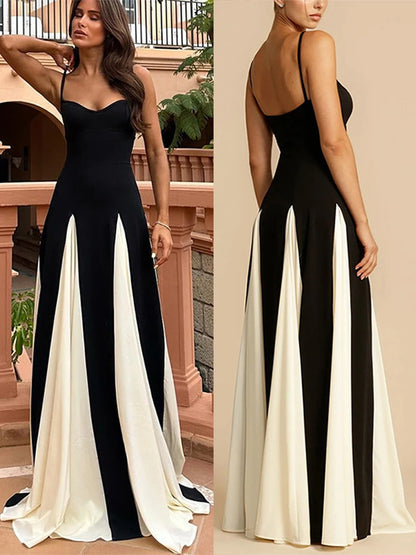 Fashion Patchwork Strap Maxi Dress Women Sexy Sleeveless Backless Female Sling Dresses  Summer New Party Lady Robe