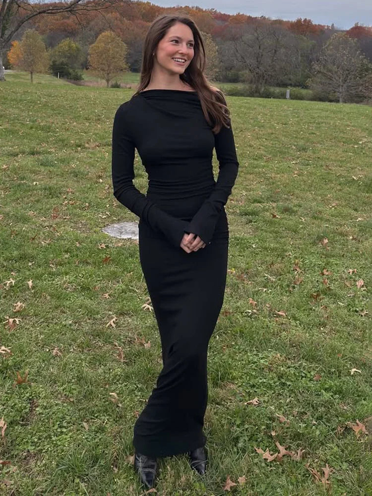 White Skew Collar Long Sleeve Maxi Dress For Women  Autumn Winter New Bodycon Elegant Party Dress Female High Waist