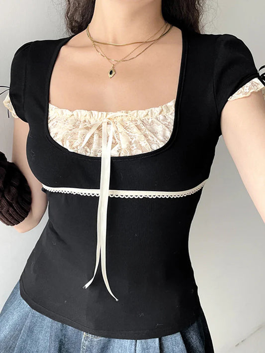 Contrast Lace Patchwork Y2K Black Crop Top