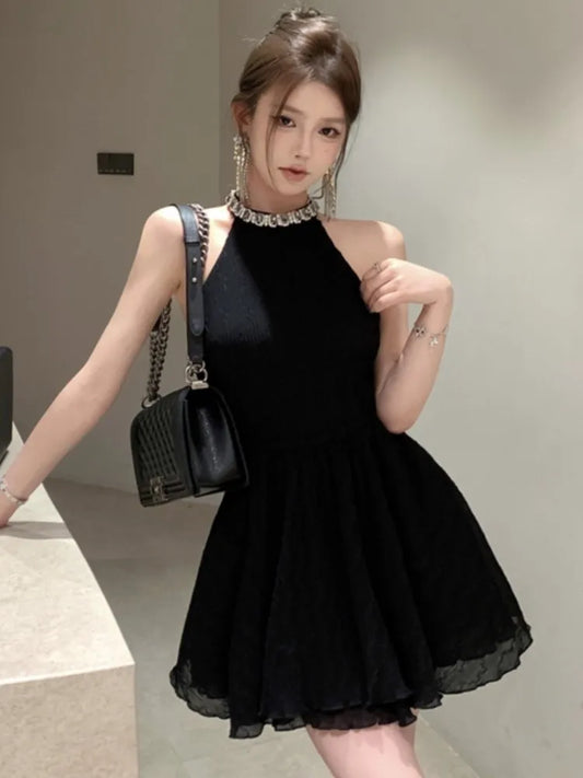Elegant Halter Black Dresses for Women Summer New Backless Ruffles A-line Korean Birthday Party Dress Prom Short Vestidos Mujer