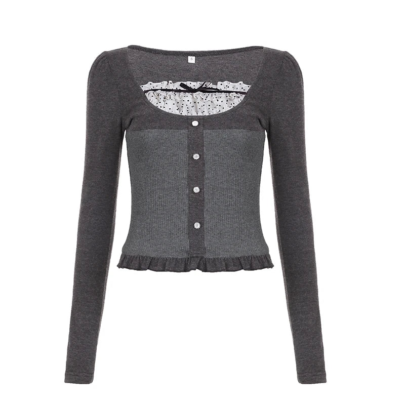 Voguable  Y2K Polka Dot Print Contrast Patchwork Knitted Tops Grey Cute Bow T-shirts Slim-fit Long Sleeve Knitwear