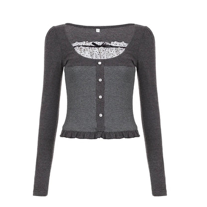 Voguable  Y2K Polka Dot Print Contrast Patchwork Knitted Tops Grey Cute Bow T-shirts Slim-fit Long Sleeve Knitwear