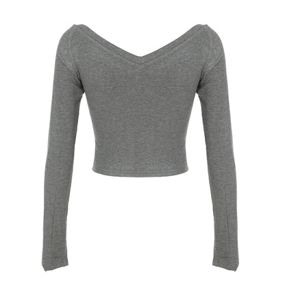 Gray Slim Y2k V-Neck T-Shirt Women Basic Print Gothic Dark Hotsweet Long Sleeve Crop Top Autumn New