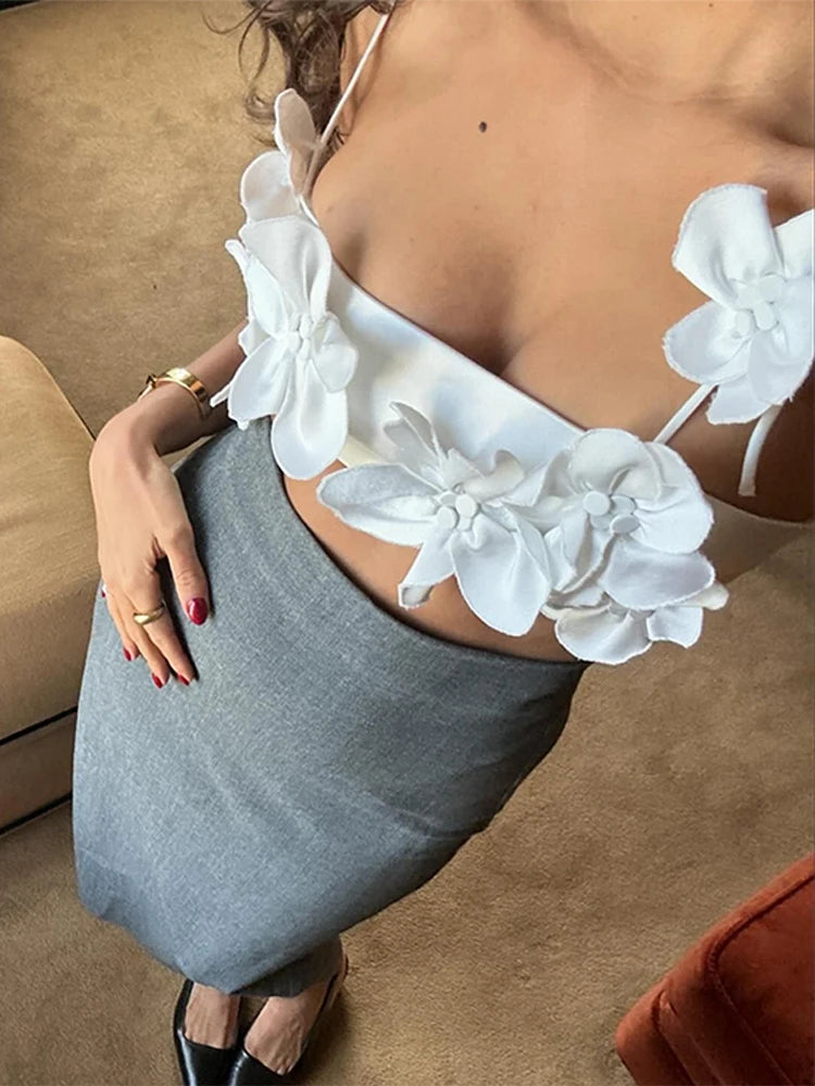 Fashion 3D Floral Strap Cropped Tops For Women  Summer New Sexy Sleeveless Solid Flower Short Tops Lady Chic Beachwear