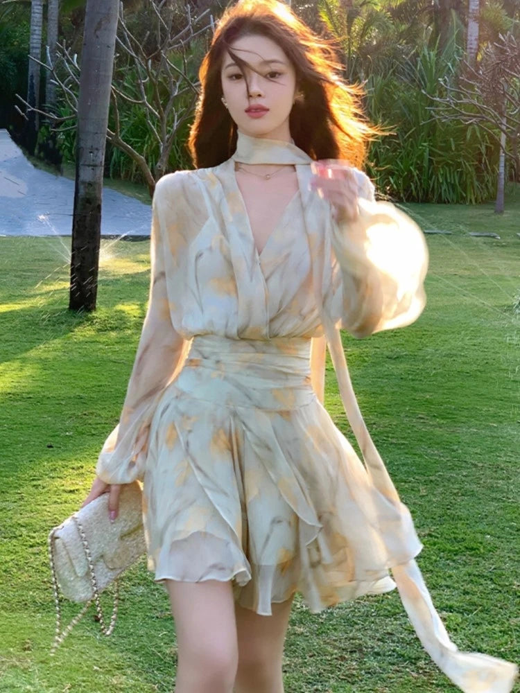 Elegant Chiffon Short Dresses for Women V-neck Lantern Sleeves Ruffles A-line Summer New Holiday Style Printed Vestidos Mujer