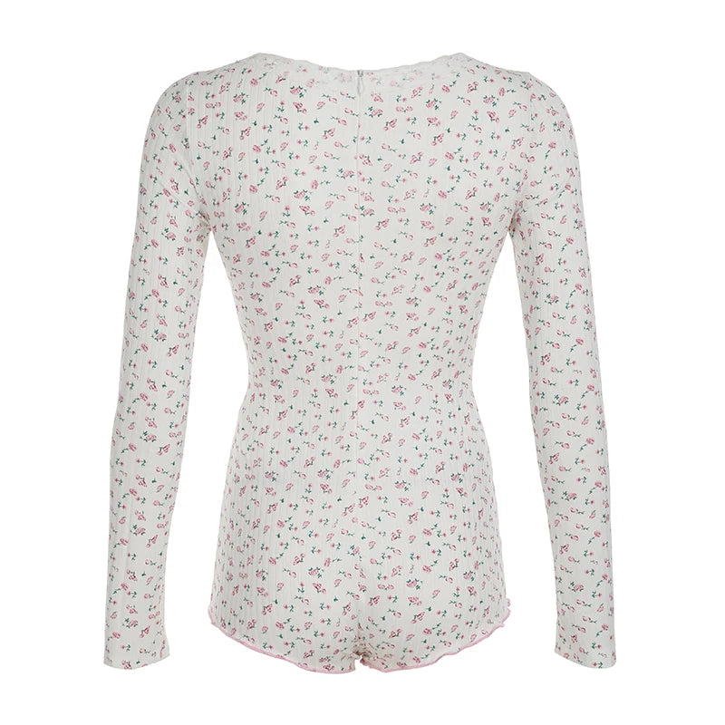 Sweet Fairy Gentle Women Playsuit Floral Print Lace Trim V-Neck Long Sleeve Korean Style Trendy Rompers Cute