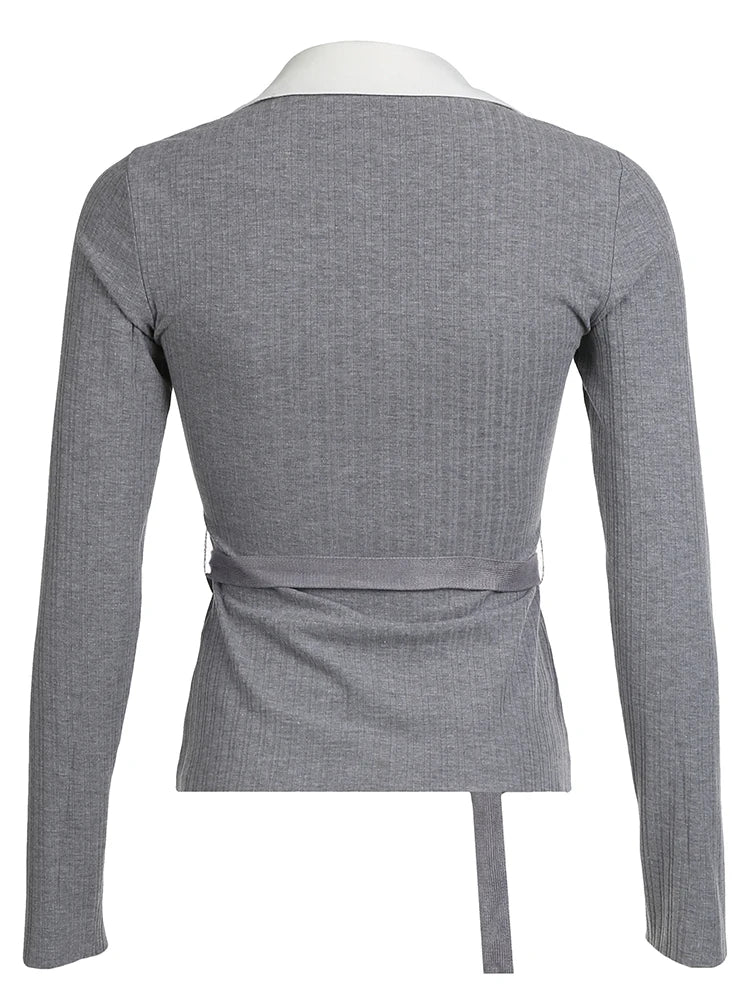 Gray Ribbed Slim Basic Long Sleeve Tee With Belts Contrast Patchwork Turn Down Collar Pullover Top T Shirt Women Autumn Winter