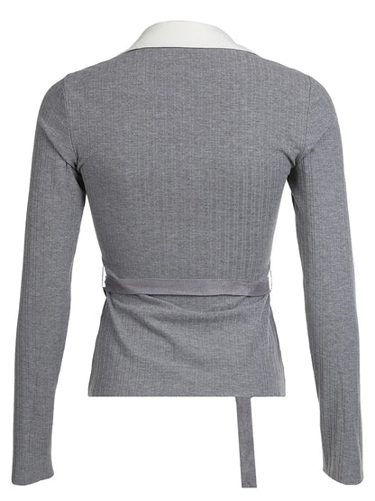 Gray Ribbed Slim Basic Long Sleeve Tee With Belts Contrast Patchwork Turn Down Collar Pullover Top T Shirt Women Autumn Winter