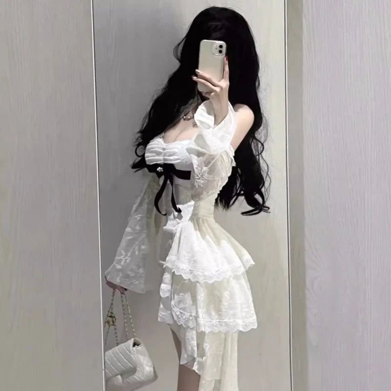 Y2K Lace Bodycon Mini Dresses for Women Slash Neck Flare Sleeve A-line Birthday Party Short Train Dress Korean Fashion Vestidos