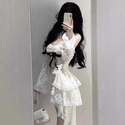 Y2K Lace Bodycon Mini Dresses for Women Slash Neck Flare Sleeve A-line Birthday Party Short Train Dress Korean Fashion Vestidos