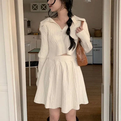 Korean Fashion Two-piece Set Women Pullover Turn-down Collar Crop Top Mini Skirt Solid Casual Suit Autumn New Knitwear Outfits