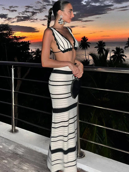 Knit Striped 2 Piece-Set Long Skirt Female Ruffled V-Neck Casual Beach Holiday Contrast Outfits Knitwear Maxi Skirt Sets