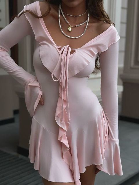 Sexy Bodycon Ruffled High Elasticity Skirt For Women Elegant Lace Up Pleated Long Sleeved Autumn Winter New  Vestido