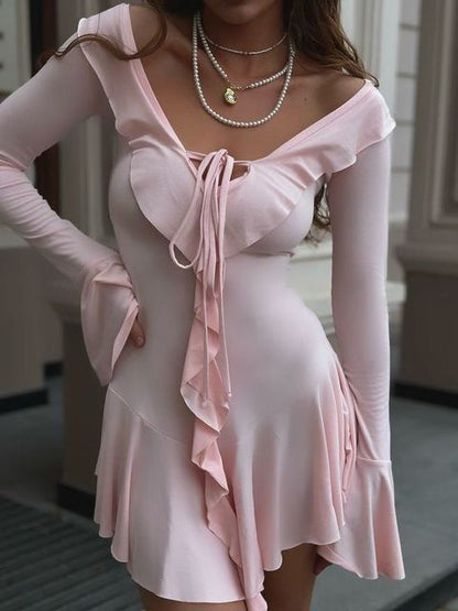 Sexy Bodycon Ruffled High Elasticity Skirt For Women Elegant Lace Up Pleated Long Sleeved Autumn Winter New  Vestido