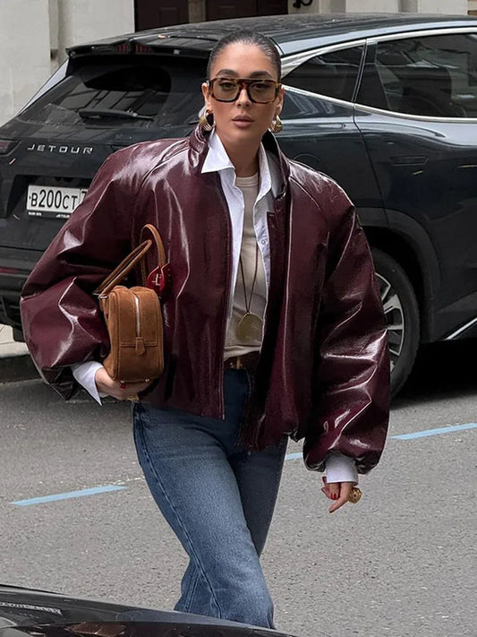 Lady Retro Solid Color Stand Up Collar Pilot Jacket Fashion New Long Sleeved Zipper Jackets High Street Women Commuter Coat