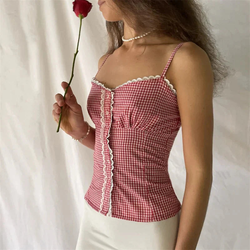 y2k Tops for Plaid Print Lace Trim Spaghetti Strap Sleeveless Single Breasted Camisole Sweet Coquette Clothing
