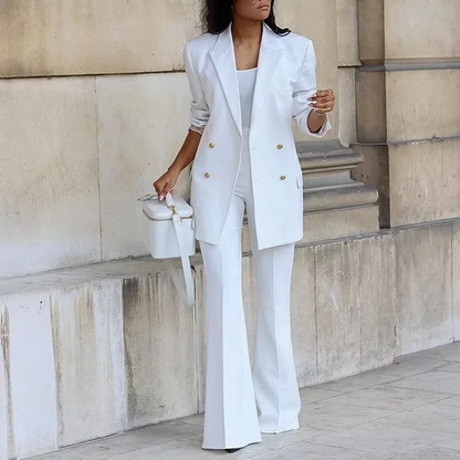 Conjunto elegante de dos piezas de blazer abotonado y pantalón acampanado para mujer | Ideal para cualquier temporada