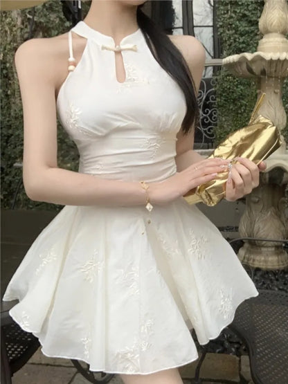 New Chinese Style Halter Short Dresses for Women Sleeveless High Waist A-line Party Dress Elegant Summer One Piece Vestido Mujer