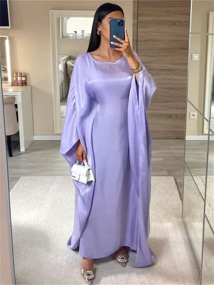 Autumn Loose Shiny Maxi Dress Women’s Butterfly Batwing Long Sleeve Muslim Clothes Party Dress Solid Female Long Dress New