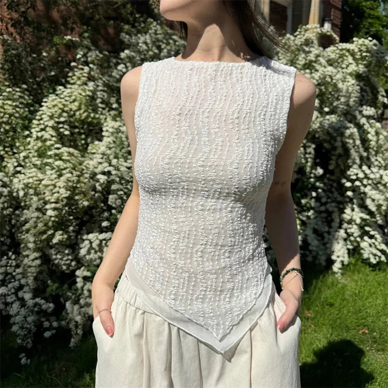 Irregular Tank Top y2k Clothes Solid Color Round Neck Sleeveless T Shirt Vest 2000s Aesthetic Clothing Streetwear