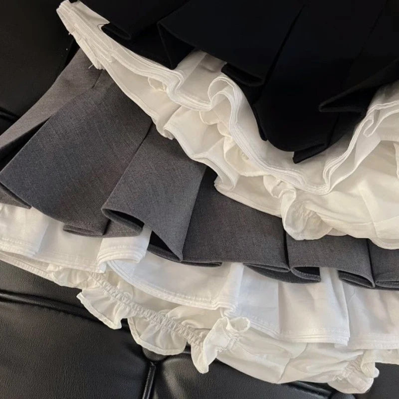 Y2K Ruffles Black Mini Skirt Women Korean Patchwork Pleated Skirts Japanese Kawaii High Waist All Match A Line Skirt New