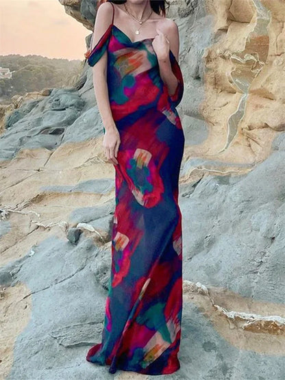 Print Mesh Pleated Off Shoulder Maxi Dress
