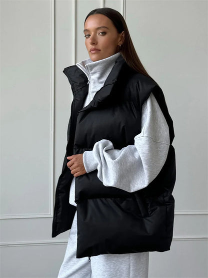 Casual Loose Sleeveless Jackets Parkas Female Winter  New Streetwear Outwear For Women Lapel Tank Top Patchwork Coat