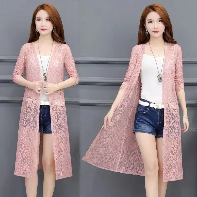 Summer Women Sun Protection Lace Cardigan Mid-length Mesh Shawl Loose Clothing Women Jacket Shirt Outerwear